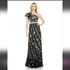 NWT! Mac Duggal,Embroidered Ruffled One Shoulder Lace Up Gown,Black Multi, Size4